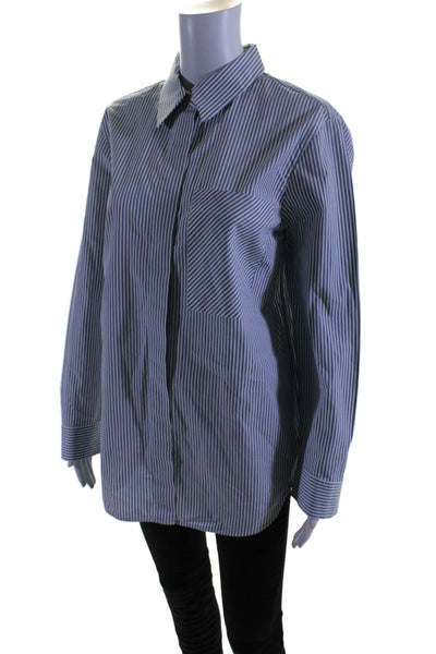 Lafayette 148 New York Womens Cotton Striped Long Sleeved Shirt Blue Size M