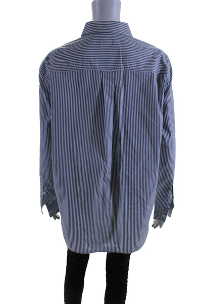 Lafayette 148 New York Womens Cotton Striped Long Sleeved Shirt Blue Size M