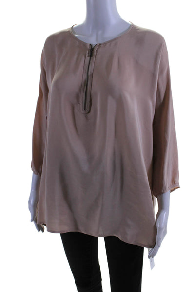 Vince Womens Silk Long Sleeved Front Zipped Round Neck Blouse Pink Size L