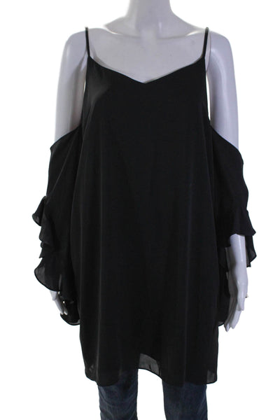 Amanda Uprichard Womens Black V-Neck Cold Shoulder Long Sleeve Blouse Top Size L