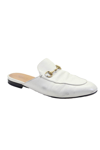 Gucci Womens White Leather Horsebit Embellished Flat Mules Shoes Size 9.5