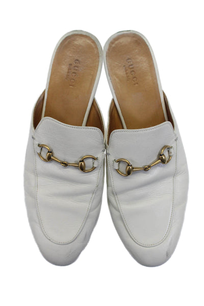 Gucci Womens White Leather Horsebit Embellished Flat Mules Shoes Size 9.5