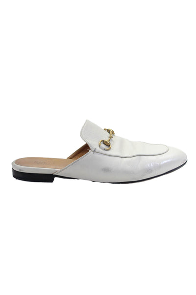 Gucci Womens White Leather Horsebit Embellished Flat Mules Shoes Size 9.5