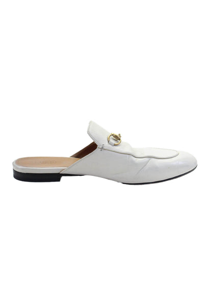 Gucci Womens White Leather Horsebit Embellished Flat Mules Shoes Size 9.5