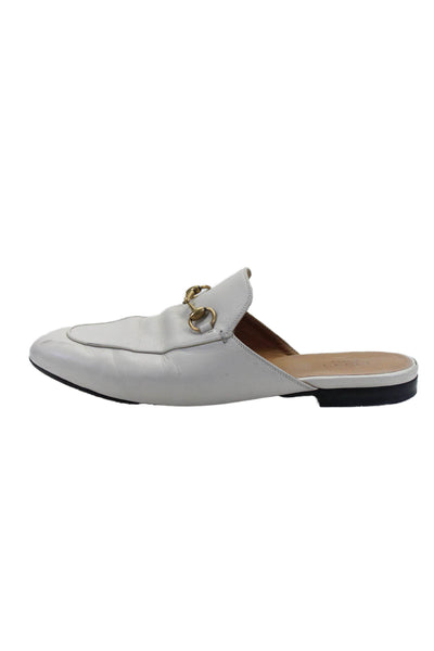 Gucci Womens White Leather Horsebit Embellished Flat Mules Shoes Size 9.5