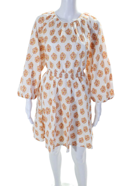 J Crew Womens Cotton High Neck Long Sleeve Ruched Floral Dress Orange Size L