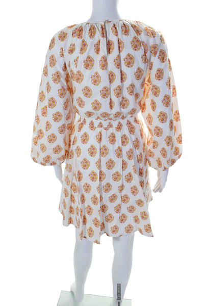 J Crew Womens Cotton High Neck Long Sleeve Ruched Floral Dress Orange Size L