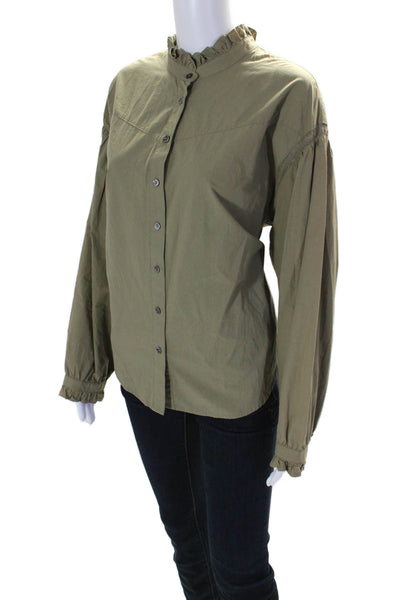 Xirena Womens Cotton Long Sleeve Button Down Ruffle Trim Blouse Olive Size M