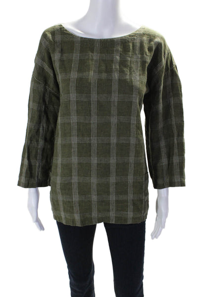 Eileen Fisher Womens Linen Long Sleeve Plaid Blouse Green Size M