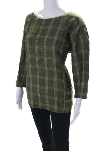 Eileen Fisher Womens Linen Long Sleeve Plaid Blouse Green Size M