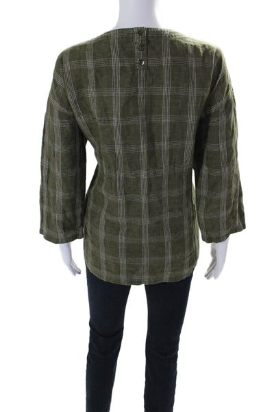 Eileen Fisher Womens Linen Long Sleeve Plaid Blouse Green Size M