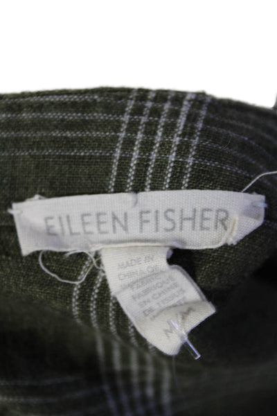 Eileen Fisher Womens Linen Long Sleeve Plaid Blouse Green Size M