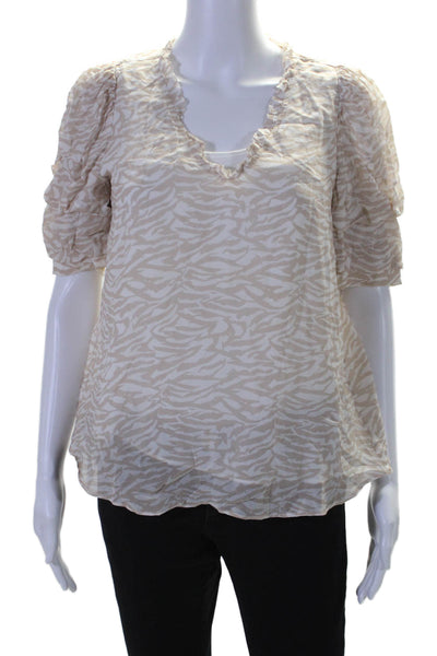 Ecru Womens Animal Print V Neck Short Sleeves Blouse Beige White Size Small
