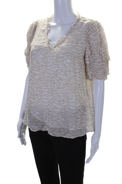 Ecru Womens Animal Print V Neck Short Sleeves Blouse Beige White Size Small