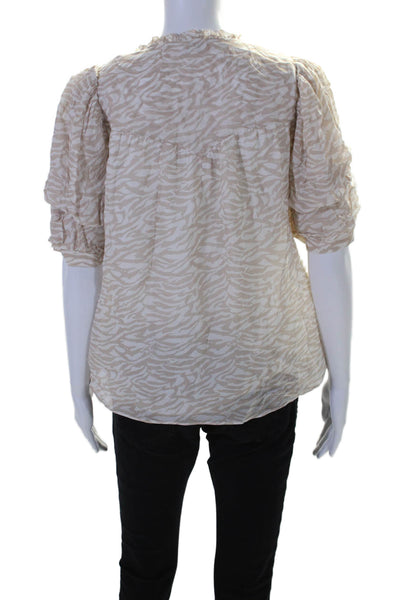 Ecru Womens Animal Print V Neck Short Sleeves Blouse Beige White Size Small
