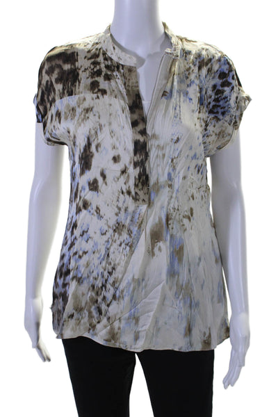 Elie Tahari Womens Silk Abstract Print Short Sleeves Blouse White Size Small