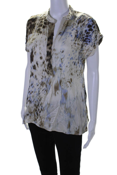 Elie Tahari Womens Silk Abstract Print Short Sleeves Blouse White Size Small