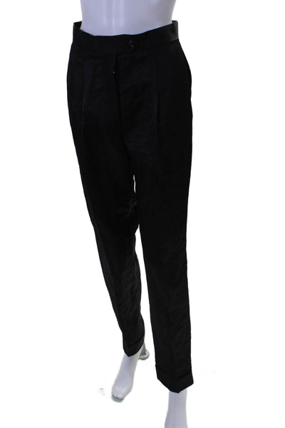 Rene Lezard Womens Zipper Fly High Rise Pleated Linen Pants Black Size 10