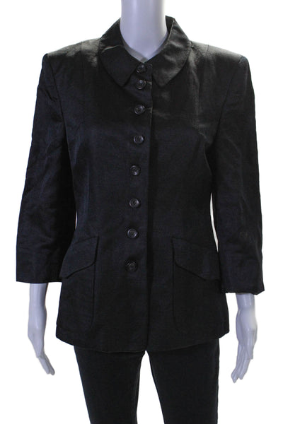 Rene Lezard Womens Button Front 3/4 Sleeve Collared Linen Jacket Black Size 10