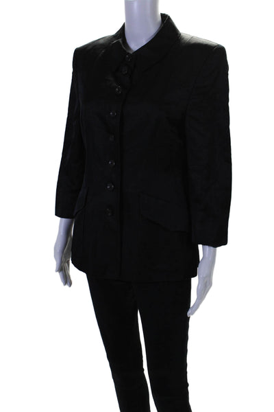 Rene Lezard Womens Button Front 3/4 Sleeve Collared Linen Jacket Black Size 10