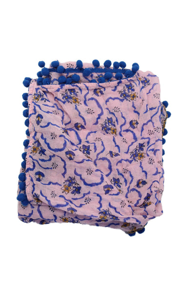 Poupette St. Barth Womens Floral Print Pom Pom Trim Light Scarf Pink Blue Cotton