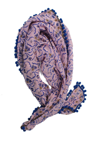 Poupette St. Barth Womens Floral Print Pom Pom Trim Light Scarf Pink Blue Cotton