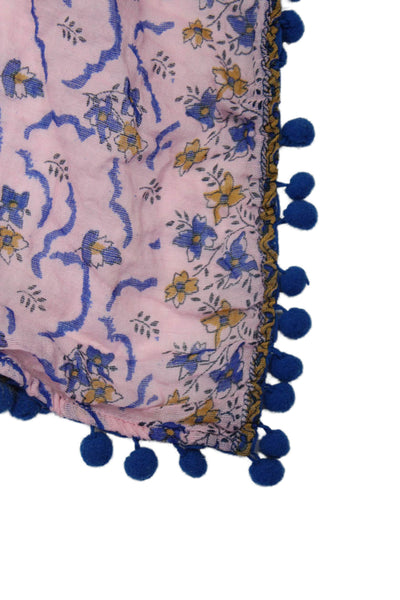 Poupette St. Barth Womens Floral Print Pom Pom Trim Light Scarf Pink Blue Cotton
