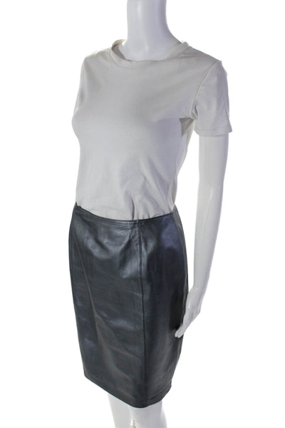 Kay Unger Womens Back Zip Knee Length Leather Pencil Skirt Gray Size 8