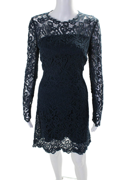 Elie Tahari Womens Cotton Long Sleeve Lace High Neck Short Dress Navy Size 4