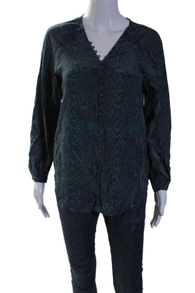 Joie Womens Animal Patterned Long Sleeved Buttoned V Neck Blouse Green Size XS