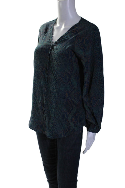 Joie Womens Animal Patterned Long Sleeved Buttoned V Neck Blouse Green Size XS