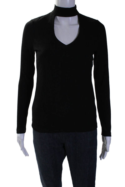 Donna Degnan Womens Mocked Neck Open Front V Long Sleeved Top Black Size XS