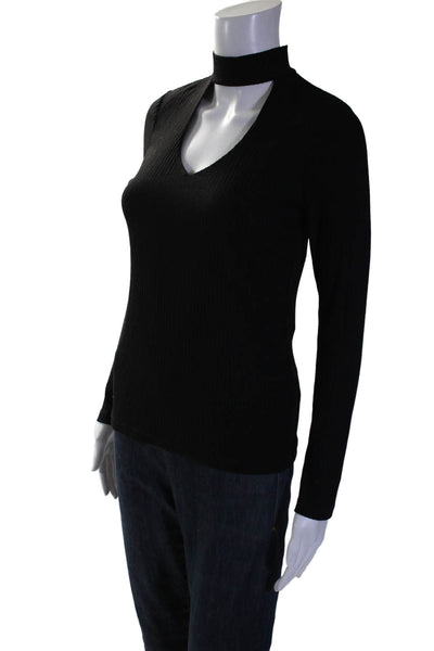 Donna Degnan Womens Mocked Neck Open Front V Long Sleeved Top Black Size XS