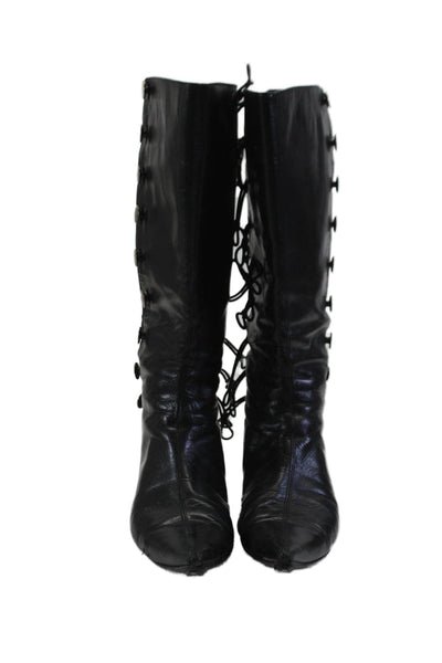 Womens Faux Leather Buttoned Heel Knee High Boots Black Size 8.5