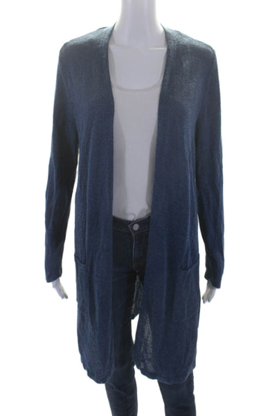 J Jill Womens Linen Blend Open Front Longline Cardigan Sweater Blue Size M