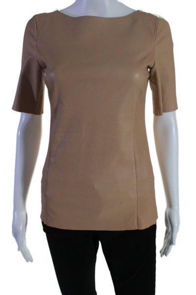 DROMe Womens Leather Short Sleeves Crew Neck Blouse Nude Beige Size Small