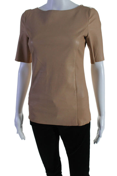 DROMe Womens Leather Short Sleeves Crew Neck Blouse Nude Beige Size Small