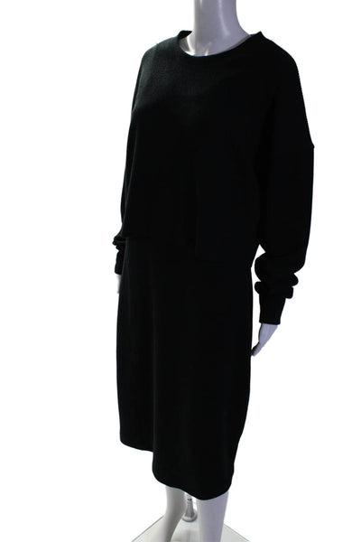 Three Dots Womens Black Ribbed Crew Neck Pullover Sweatshirt Dress Set Size L