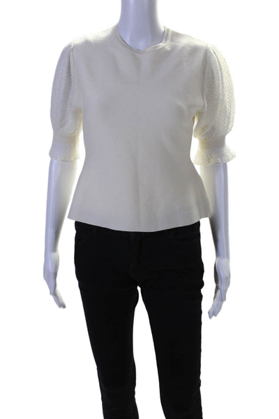 Chloe Womens Open Knit Puff Sleeve Crew Neck Top White Wool Size Extra Small