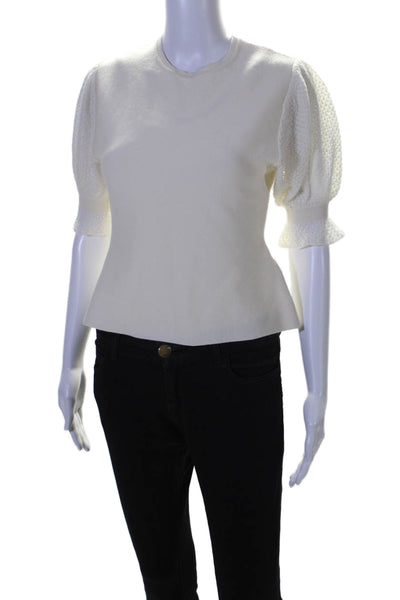 Chloe Womens Open Knit Puff Sleeve Crew Neck Top White Wool Size Extra Small