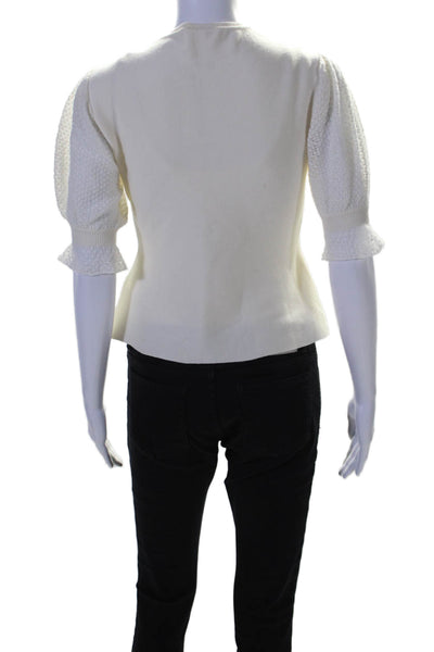 Chloe Womens Open Knit Puff Sleeve Crew Neck Top White Wool Size Extra Small