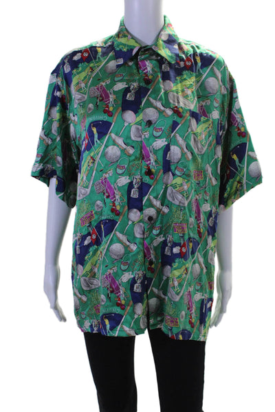 Nicole Miller Womens Silk Novelty Short Sleeve Button Up Blouse Top Green Size S