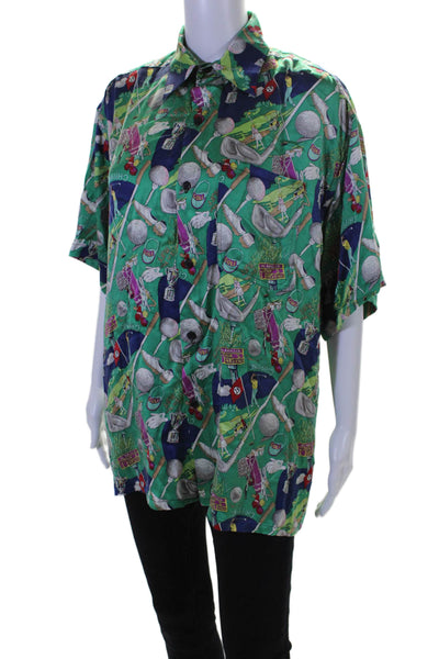 Nicole Miller Womens Silk Novelty Short Sleeve Button Up Blouse Top Green Size S