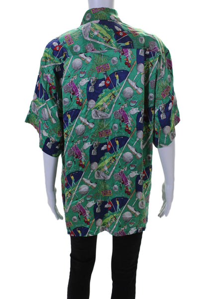 Nicole Miller Womens Silk Novelty Short Sleeve Button Up Blouse Top Green Size S