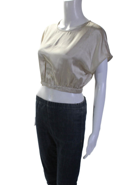 Intermix Womens Silk Champaign Open Back Crew Neck Short Sleeve Crop Top Size S