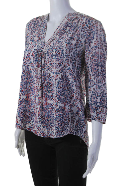 Rebecca Taylor Womens Silk Long Sleeve V-neck Floral Print Blouse White Size 4