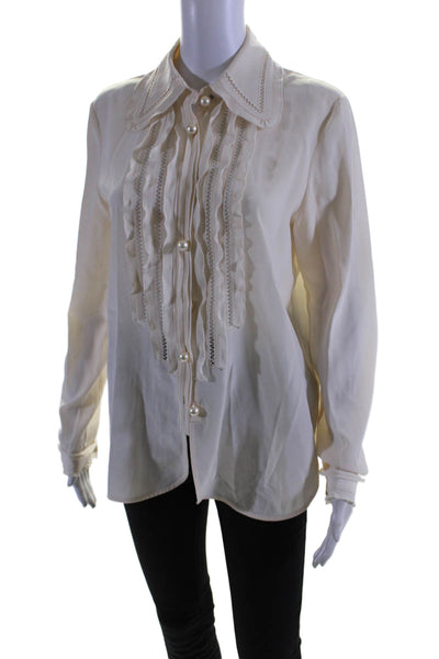 Coach Womens Button Up Long Sleeve Ladder Lace Ruffled Silk Shirt White Size 4