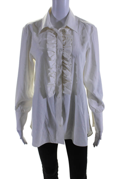 Turnbull & Asser Womens Button Front Collared Ruffled Silk Shirt White Size 14