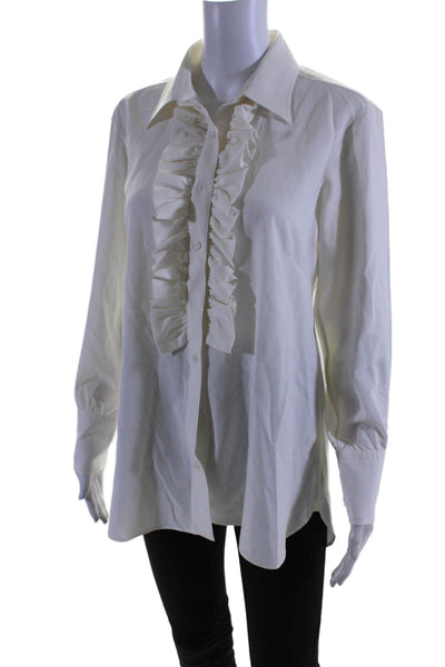 Turnbull & Asser Womens Button Front Collared Ruffled Silk Shirt White Size 14