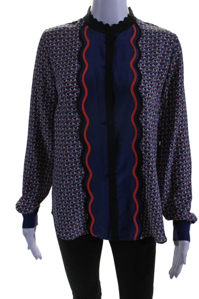 Mary Katrantzou Womens Button Front Scalloped Heart Silk Shirt Blue Multi Size 4